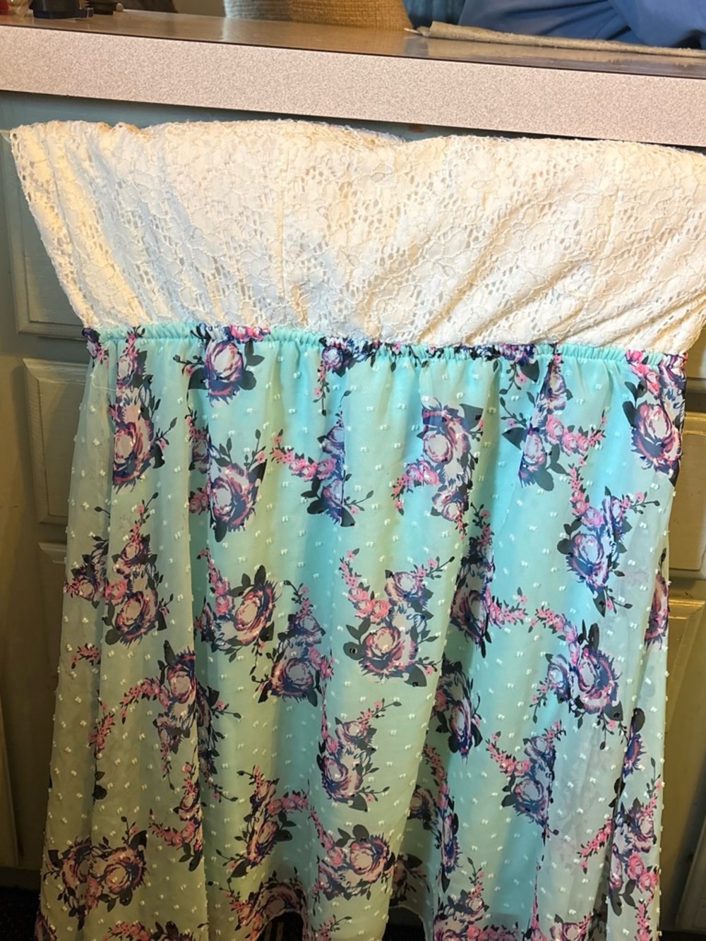 Mariana Strapless Mini Dress in White and Mint with Floral Print